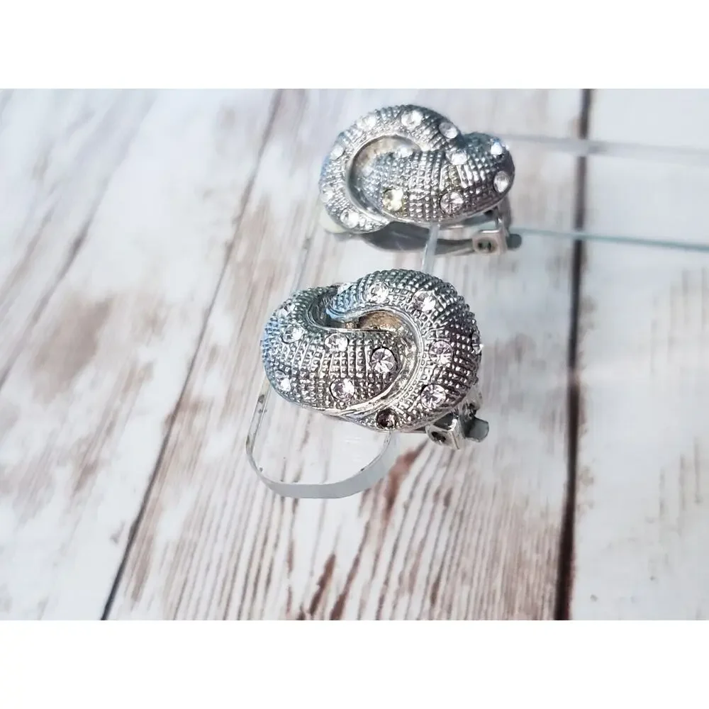 Vintage Clip On Earrings - Twisted Silver Tone & Clear Gem 1